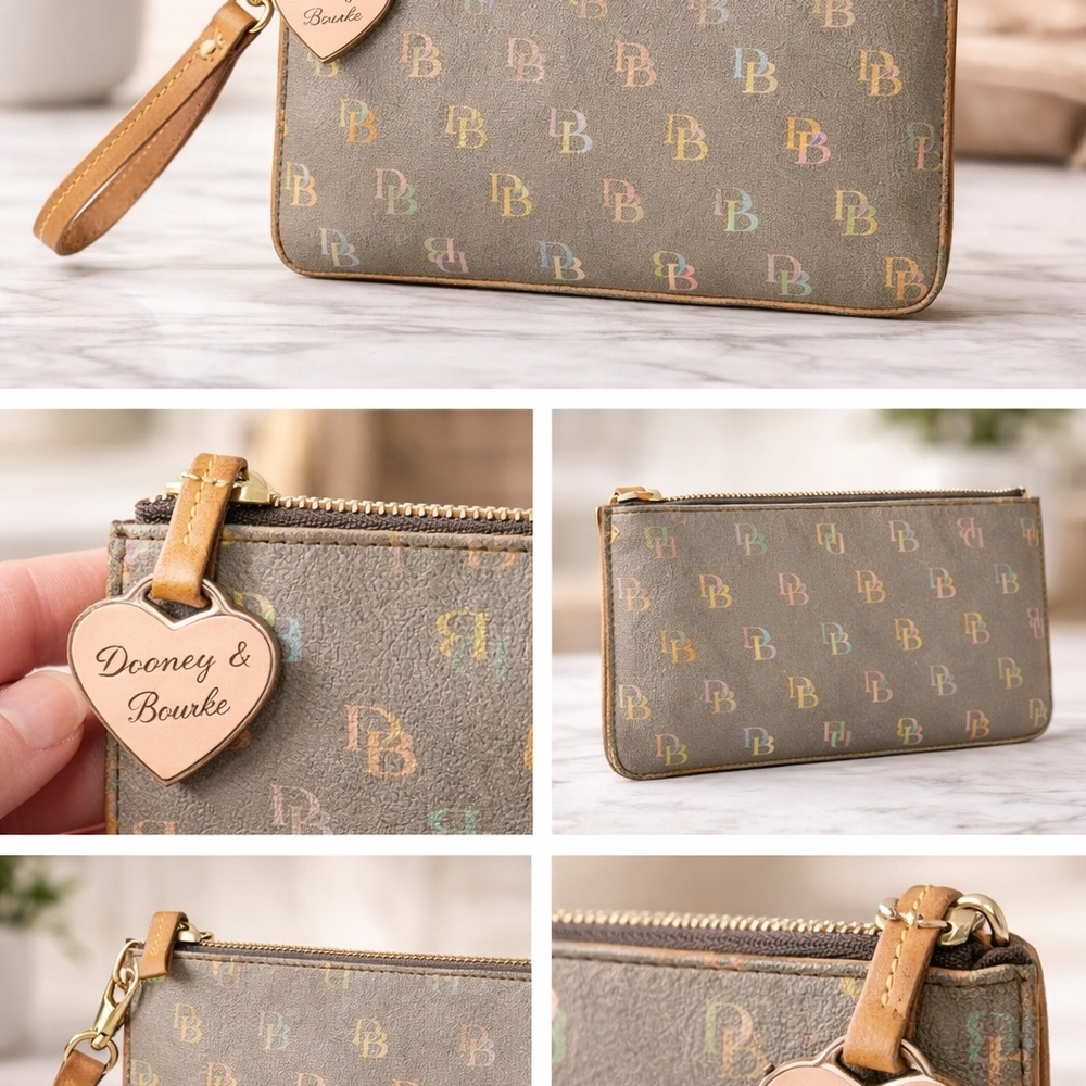 Dooney & Bourke Taupe Multicolor DB Logo Wristlet with Tan Trim